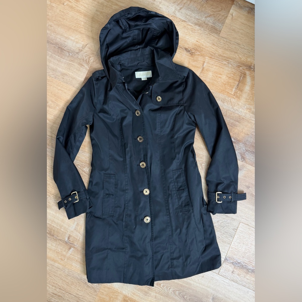 MICHAEL Michael Kors Black Trench Coat Size Small Gold Button Down Hooded